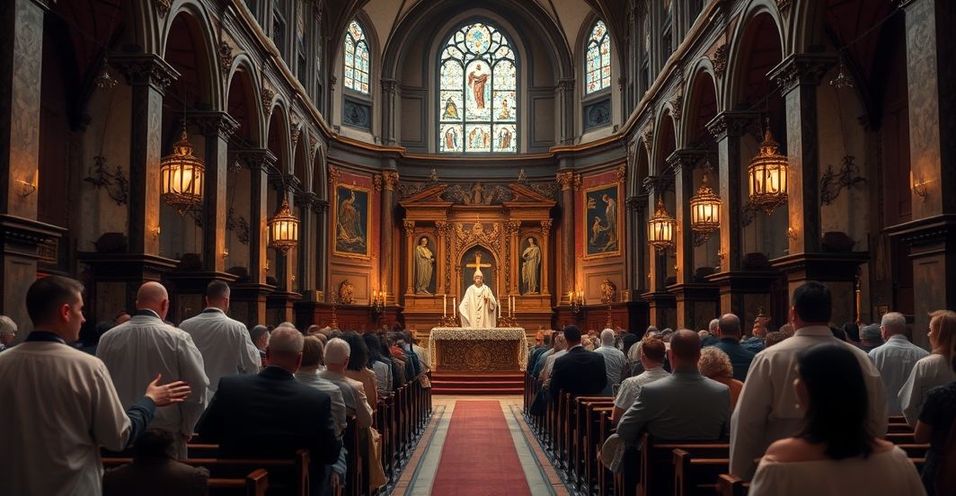 Sobor katolicki z tradycyjnym liturgicznym wystrojem, podkreślający powagę i autentyczność liturgii, z duchownymi w tradycyjnych szatach, kontrastujące z nowoczesnym podejściem do kanonizacji