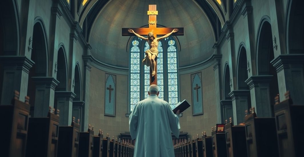 Tradycyjna katolicka scena liturgii w kościele Sentymentalny i poważny obraz kościoła katolickiego z kapłanem odczytującym krzyż, ukazujący głębokie skupienie i tradycyjną pobożność