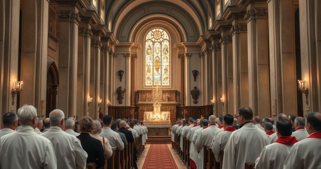 Zdjęcie realistycznego, pełnego szacunku wnętrza tradycyjnego katolickiego kościoła z duchownymi podczas liturgii, ukazujące ortodoksję i powagę nabożeństwa.