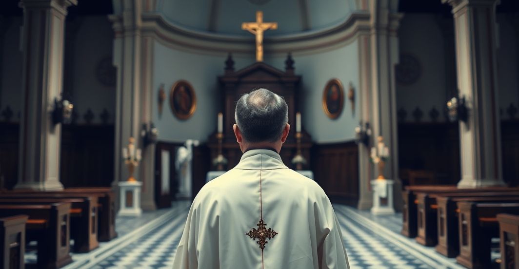 Zdjęcie realistyczne katolickiego kościoła z kapłanem w liturgicznych szatach przy ołtarzu, wyrażające powagę i tradycję Kościoła, refleksja nad autentyczną wiarą katolicką