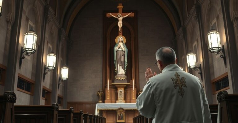 Wnętrze katolickiego kościoła z kapłanem modlącym się przy figurze Matki Bożej, wyraz oddania i powagi, tradycyjny wystrój, atmosfera głębokiego szacunku