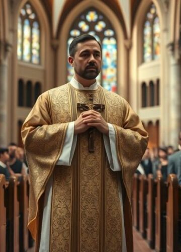 Tradycyjny katolicki kościół podczas mszy z kapłanem i wiernymi Tradycyjny katolicki kościół z kapłanem trzymającym krucyfiks podczas mszy, wyraz głębokiej wiary i skupienia wiernych