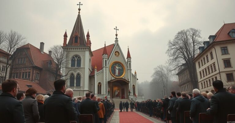 Realistyczne, pełne szacunku zdjęcie wnętrza tradycyjnego kościoła katolickiego z kapłanem trzymającym krucyfiks podczas modlitwy przy ołtarzu, symbolizujące głęboką wiarę i tradycję.