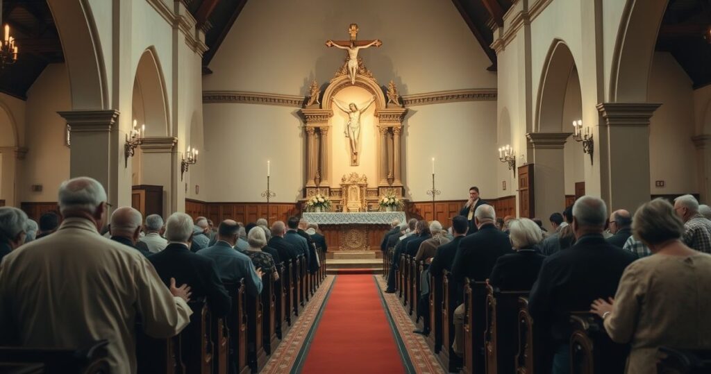 Religijne wnętrze tradycyjnego katolickiego kościoła podczas nabożeństwa, wierni modlą się przed ołtarzem z krzyżem i świecami