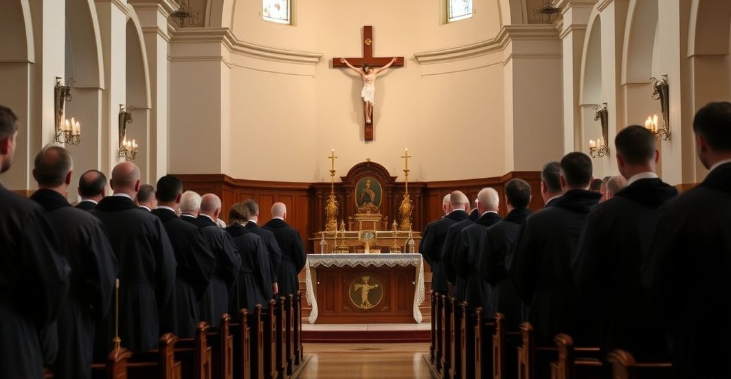 Tradycyjne katolickie wnętrze podczas nabożeństwa, duchowa pobożność Religijne wnętrze tradycyjnego katolickiego kościoła podczas nabożeństwa, wierni modlą się przed ołtarzem z krzyżem i świecami