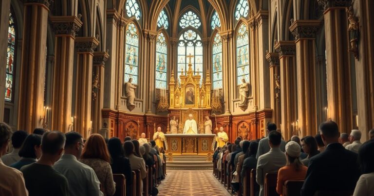 Tradycyjna scena kościelna z duchownymi w vestmentach, modląca się wspólnota przed Eucharystią, ukazująca wierność katolickiej wierze i odrzucenie modernistycznego odstępstwa