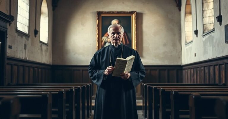 Stary kościół w tradycyjnym katolickim stylu z przerażonym kapłanem trzymającym dokument Cum ex Apostolatus Officio.