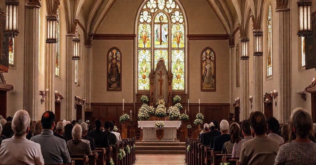 Wnętrze tradycyjnego kościoła katolickiego z pustym ołtarzem otoczonym wiernymi w modlitwie. Scena jest oświetlona miękkim światłem przechodzącym przez witraże z wizerunkami Matki Boskiej. Atmosfera jest poważna i pokorna, podkreślająca brak właściwych elementów liturgicznych i obecność nowoczesnych odchyleń.