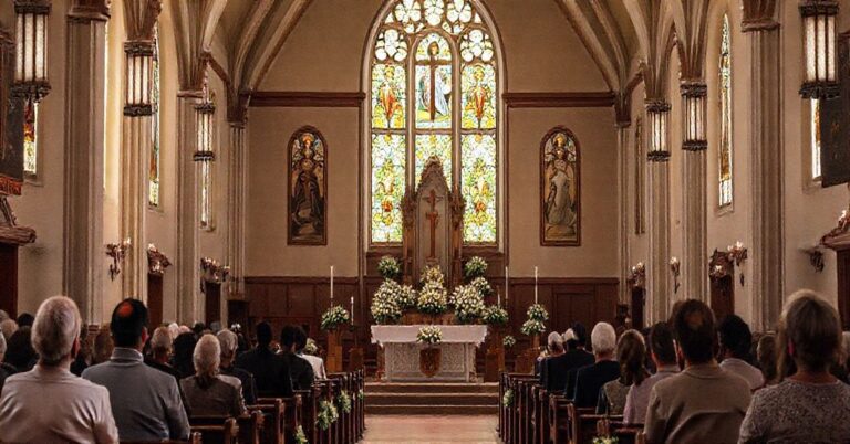 Wnętrze tradycyjnego kościoła katolickiego z pustym ołtarzem otoczonym wiernymi w modlitwie. Scena jest oświetlona miękkim światłem przechodzącym przez witraże z wizerunkami Matki Boskiej. Atmosfera jest poważna i pokorna, podkreślająca brak właściwych elementów liturgicznych i obecność nowoczesnych odchyleń.