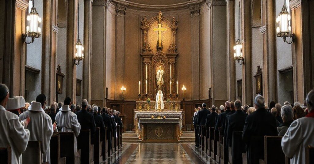 Tradycyjny, katolicki kościół z kapłanami i wiernymi, wyraz głębokiej religijnej powagi i sprzeciwu wobec nowoczesnych zniekształceń kulturowych