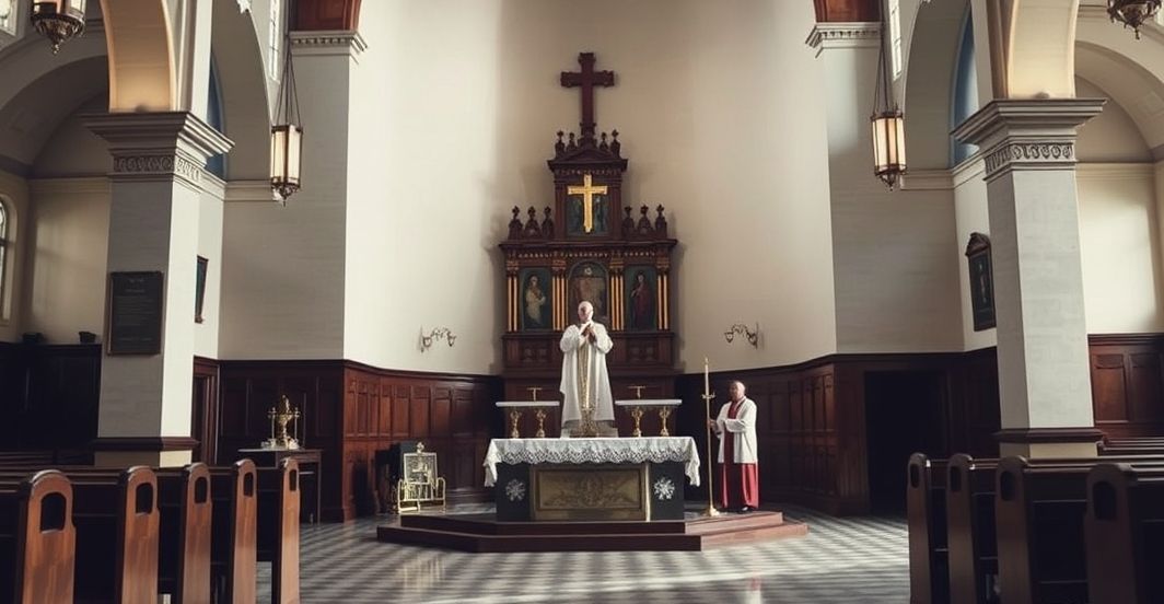 Tradycyjna katolicka wnętrze kościoła z prostym ołtarzem i kapłanem w vestmentach, odzwierciedlające krytykę modernistycznych zmian w liturgii i architekturze sakralnej.