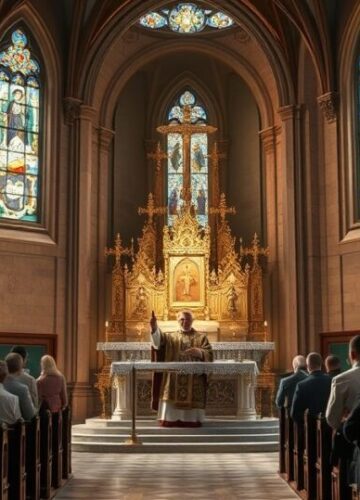 Tradycyjny Kościół Katolicki - wierni i kapłan podczas liturgii Rezystentny obraz katolickiego kościoła z kapłanem i wiernymi, ukazujący tradycyjną liturgię i wierność doktrynie, krytyczny wobec modernistycznych zmian