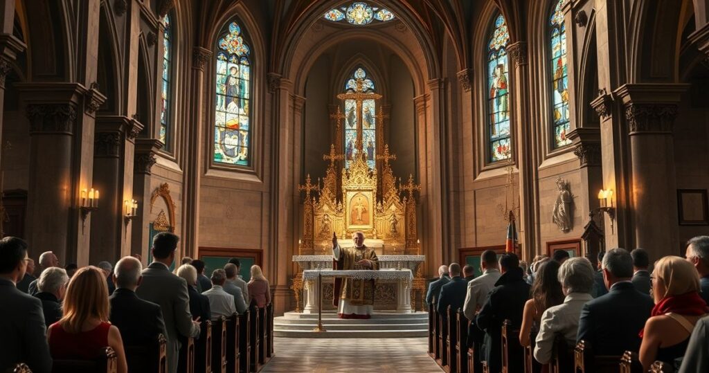 Rezystentny obraz katolickiego kościoła z kapłanem i wiernymi, ukazujący tradycyjną liturgię i wierność doktrynie, krytyczny wobec modernistycznych zmian