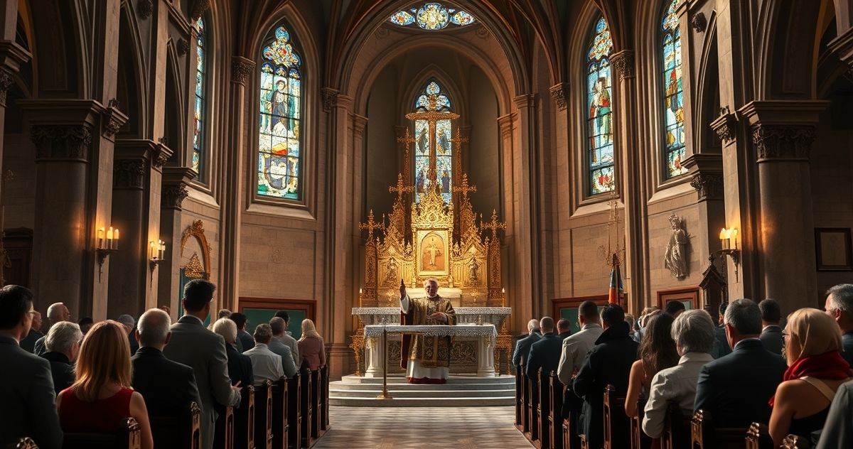Tradycyjny Kościół Katolicki - wierni i kapłan podczas liturgii Rezystentny obraz katolickiego kościoła z kapłanem i wiernymi, ukazujący tradycyjną liturgię i wierność doktrynie, krytyczny wobec modernistycznych zmian