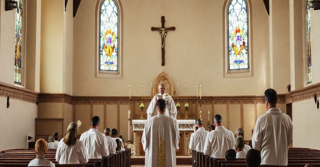 Tradycyjny wnętrze kościoła z księdzem w białych szatach i oddającymi czci wiernymi, podkreślające wieczystą prawdę wiary katolickiej