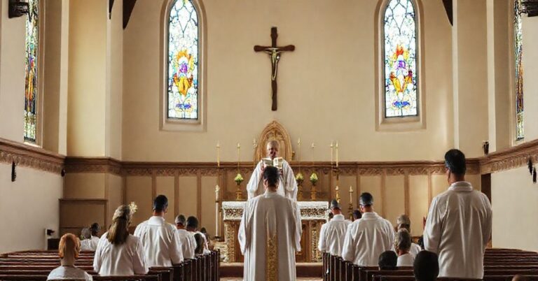 Tradycyjny wnętrze kościoła z księdzem w białych szatach i oddającymi czci wiernymi, podkreślające wieczystą prawdę wiary katolickiej