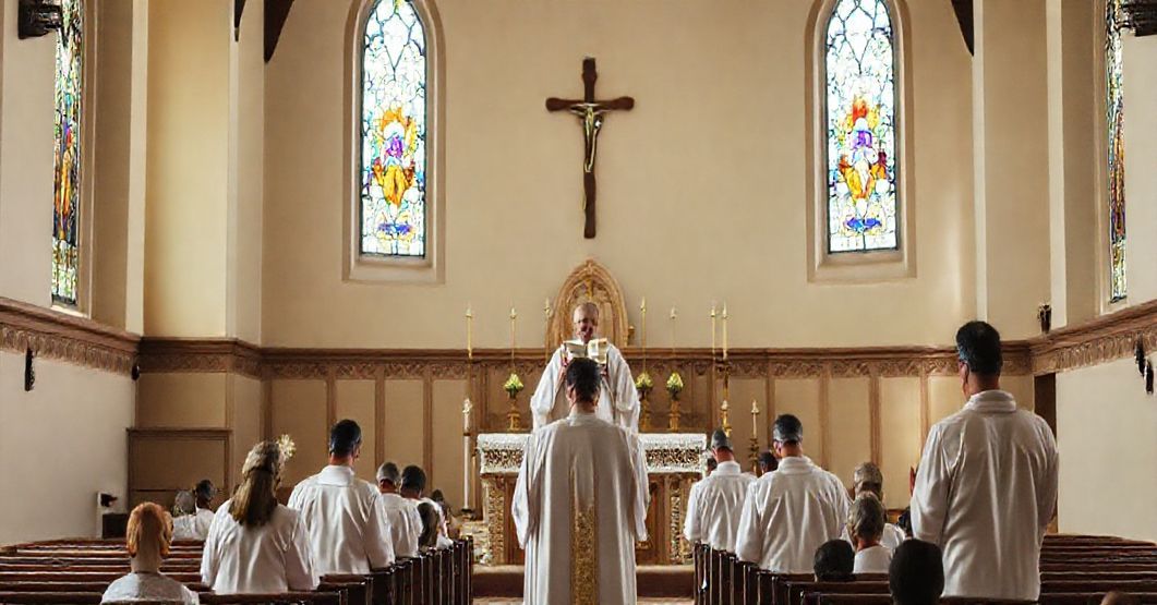 Tradycyjny wnętrze kościoła z księdzem w białych szatach i oddającymi czci wiernymi, podkreślające wieczystą prawdę wiary katolickiej