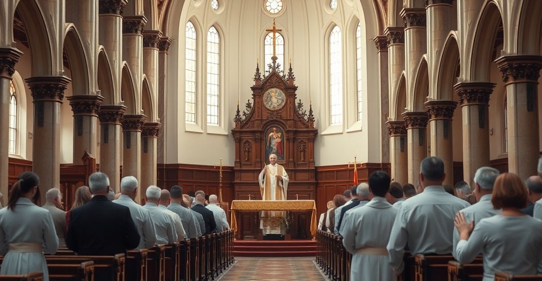 Sanktuarium katolickie z tradycyjnym ołtarzem, wierni w modlitwie, wyraz głębokiej wiary i sprzeciwu wobec współczesnych nadużyć w Kościele