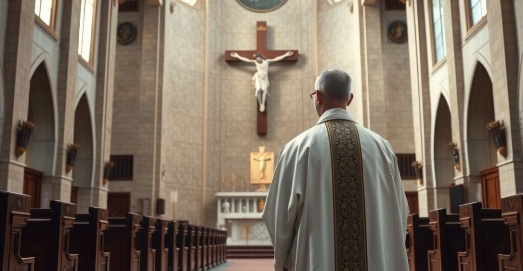 Religijna scena w katolickiej świątyni z kapłanem przy ołtarzu, symbolizująca wierność tradycyjnej wierze katolickiej, ukazująca powagę i duchową głębię