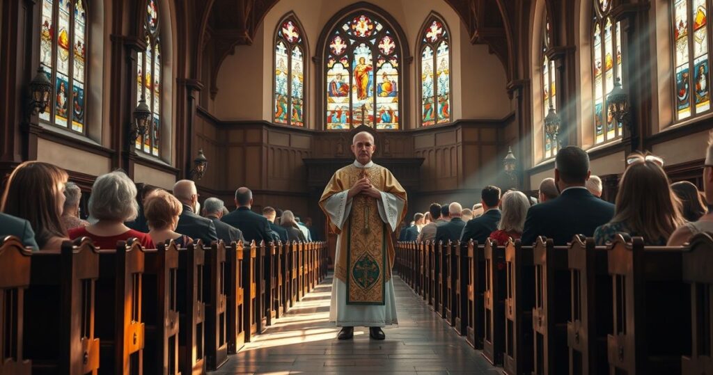 Tradycyjny katolicki obraz wnętrza kościoła z kapłanem trzymającym krzyż, modlącym się wiernym, wywołujący uczucia pokory i wiary.