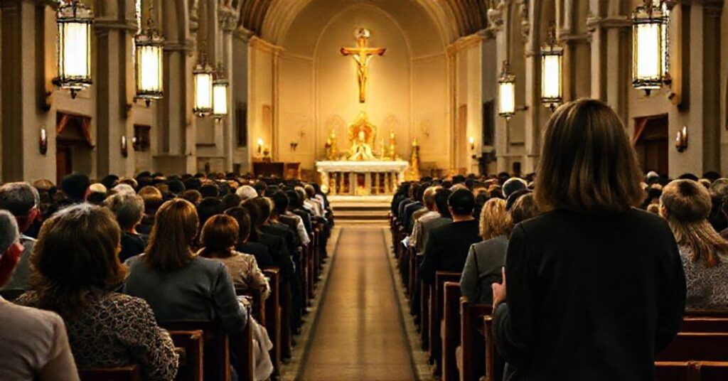 Tradycyjny kościół katolicki podczas mszy świętej z tradycyjnym śpiewem gregoriańskim. Na tle neurobiolożka Kathlyn Gan w modernistycznym ubraniu