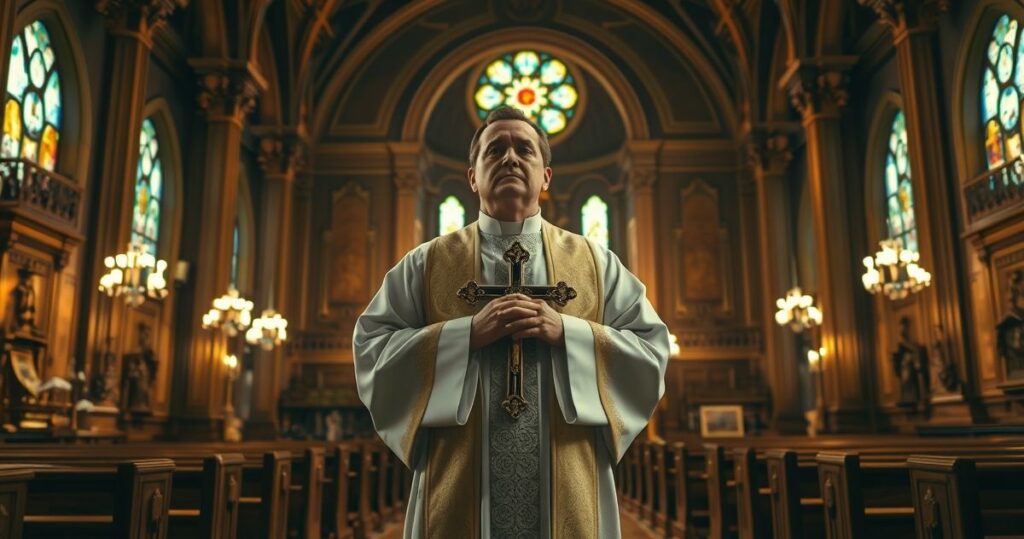 Tradycyjny katolicki kościół z kapłanem w vestmentach, symbolizujący wierną wiarę i opór wobec modernistycznych wpływów