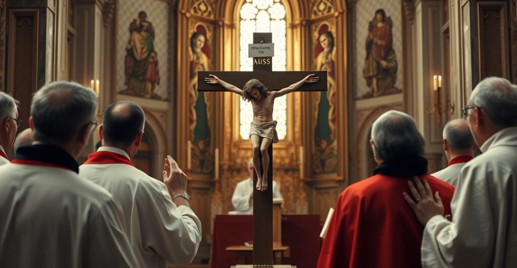 Fotografia realistyczna ukazująca tradycyjny krucyfiks w katolickiej świątyni podczas uroczystej ceremonii, z kapłanami i wiernymi w modlitewnym skupieniu