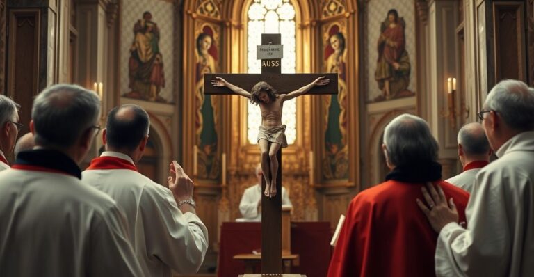 Fotografia realistyczna ukazująca tradycyjny krucyfiks w katolickiej świątyni podczas uroczystej ceremonii, z kapłanami i wiernymi w modlitewnym skupieniu