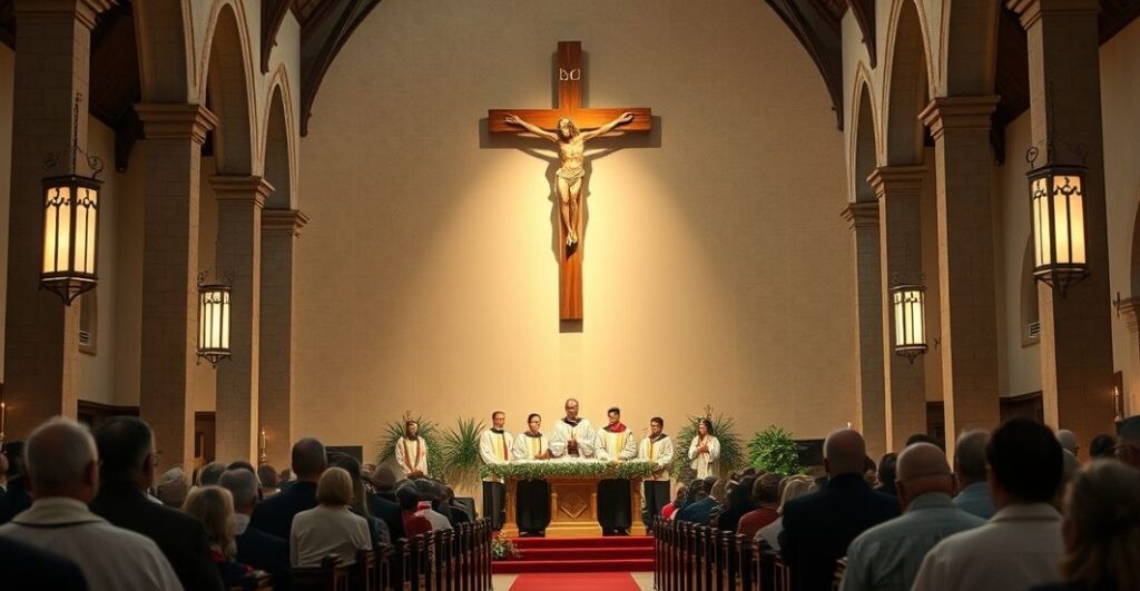 Fotografia realistyczna w kościele katolickim, z krzyżem i duchownymi w liturgicznych strojach, oddająca powagę i duchowe uniesienie podczas nabożeństwa.