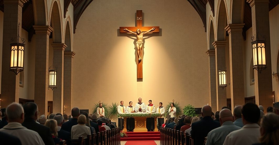 Fotografia realistyczna w kościele katolickim, z krzyżem i duchownymi w liturgicznych strojach, oddająca powagę i duchowe uniesienie podczas nabożeństwa.