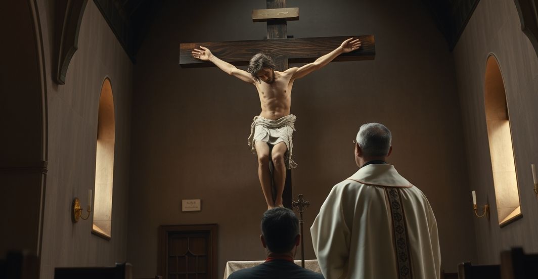Tradycyjny katolicki krzyż z kapłanem i ukrzyżowanym Chrystusem Reverentna scena katolickiego krzyża z kapłanem, oddająca głębię cierpienia Chrystusa w tradycyjnym kościele