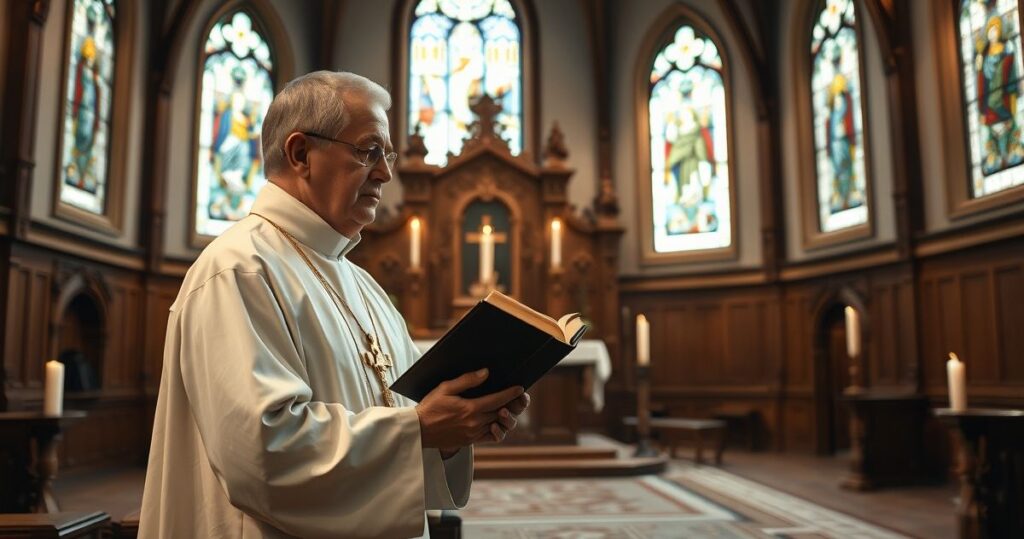 Ksiądz w tradycyjnym stroju liturgicznym przy ołtarzu w kościele katolickim, symbolizujący ekumenizm jako sprawę sumienia z perspektywy sedevakantystów