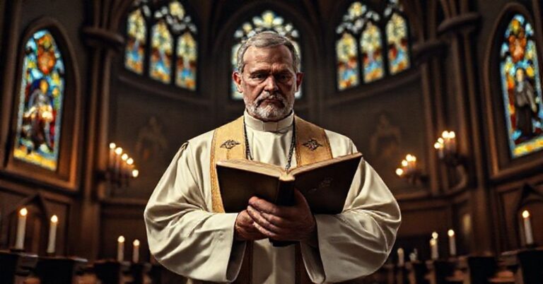 Tradycyjny książ katolicki w kapli z ksiągą Ewangelii, symbolizujący apostazję współczesnego Kościoła