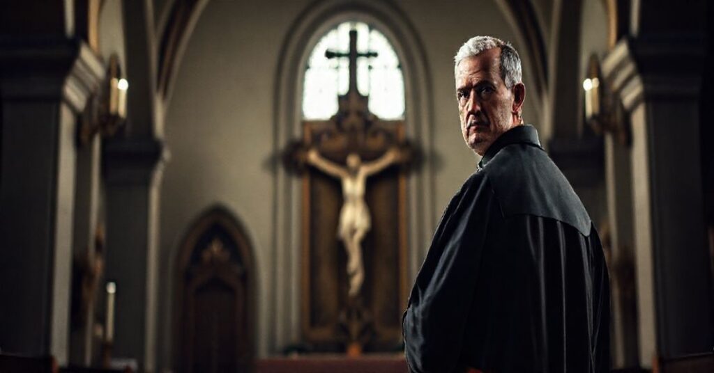 Tradycyjny ksiądz katolicki w uroczystym stroju stoi przed krzyżem w ciemnym wnętrzu kościoła, wyrazem twarzy pełnym żalu i rozczarowania z powodu zdrady katolickiej doktryny przez nowoczesne herezje.