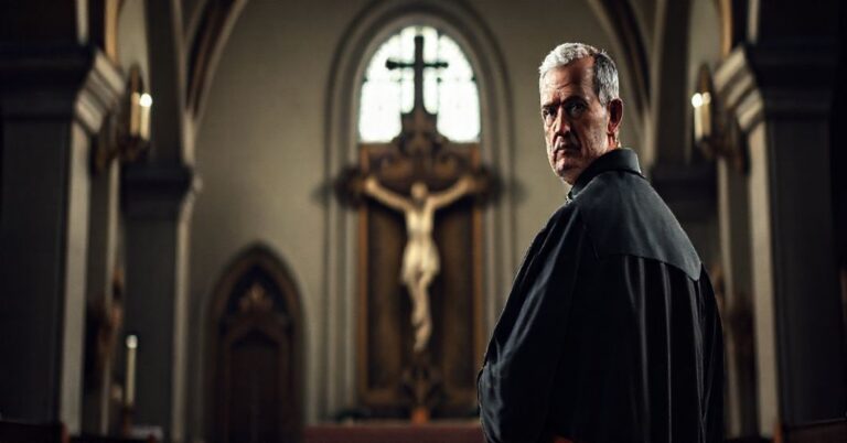 Tradycyjny ksiądz katolicki w uroczystym stroju stoi przed krzyżem w ciemnym wnętrzu kościoła, wyrazem twarzy pełnym żalu i rozczarowania z powodu zdrady katolickiej doktryny przez nowoczesne herezje.