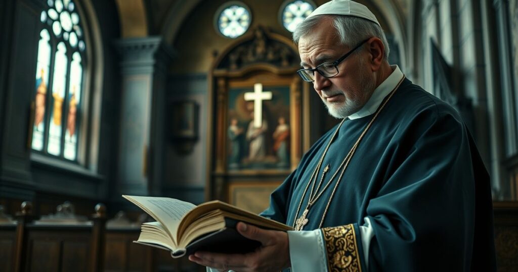 Reverent tradycyjny ksiądz w kościele, czytający starodawną teologię, symbolizujący autentyczną katolicką duchowość przeciwko modernistycznym tendencjom