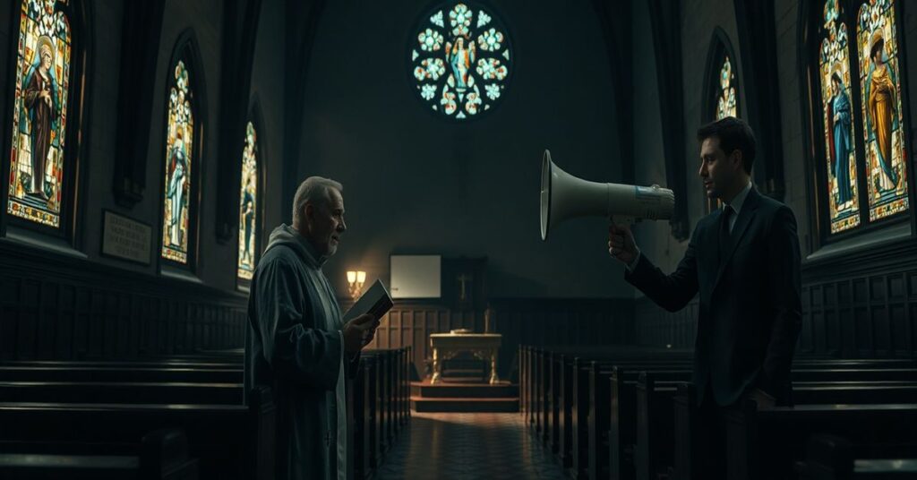 Tradycyjny ksiądz trzyma katechizm w ciemnym kościele podczas Wielkiego Tygodnia