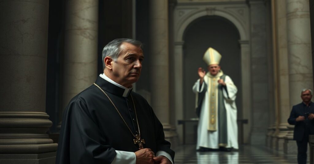 Tradycyjny katolicki ksiądz w pełnym stroju liturgicznym patrzy z przygnębieniem na farsę w bazylice św. Piotra, gdzie anglikańska 'arcybiskupka' przeprowadza symulowany błogosławieństwo.