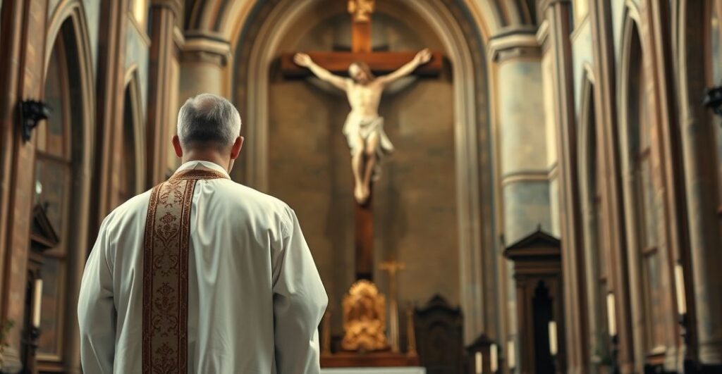 Ksiądz w tradycyjnych szatach przed krzyżem w historycznym kościele, ukazujący powagę i wierność katolickiej wierze, w kontraście do nowoczesnych błędów sekty posoborowej