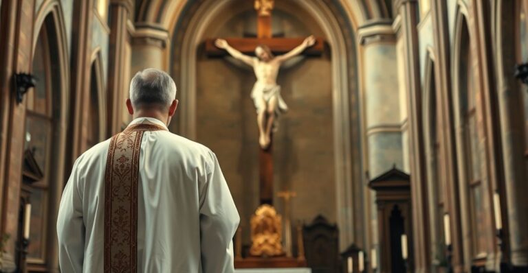 Ksiądz w tradycyjnych szatach przed krzyżem w historycznym kościele, ukazujący powagę i wierność katolickiej wierze, w kontraście do nowoczesnych błędów sekty posoborowej