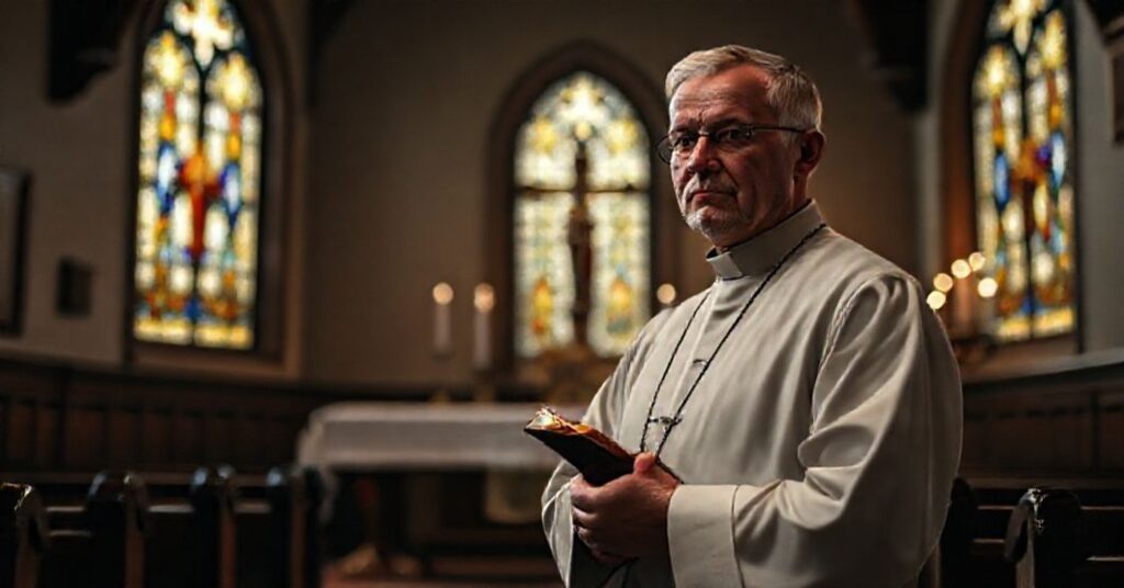 Książę tradycyjny w sutannie stoi w cichej kościele z witrażami i ołtarzem.
