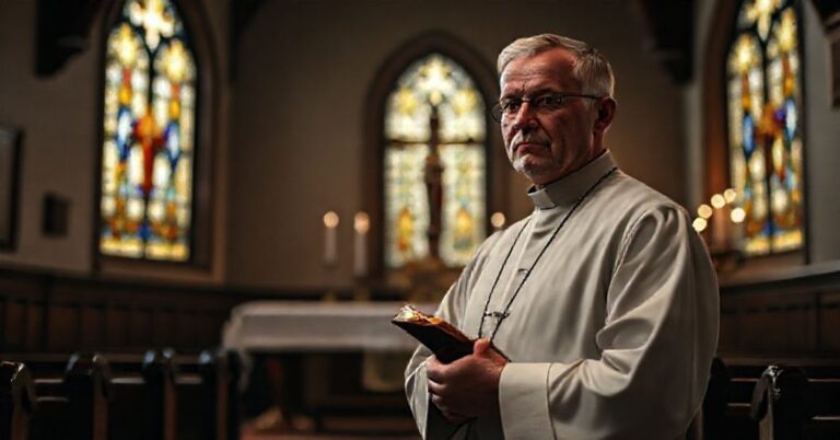 Książę tradycyjny w sutannie stoi w cichej kościele z witrażami i ołtarzem.