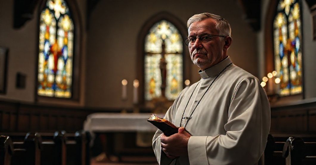 Książę tradycyjny w sutannie stoi w cichej kościele z witrażami i ołtarzem.