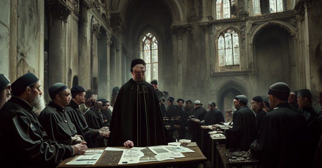 Tradycyjny książ katolicki w kaszule przed ruinami katedry Notre Dame w Paryżżu, wyrażający troskł o religijną anarchię i pseudo-nawrócenia