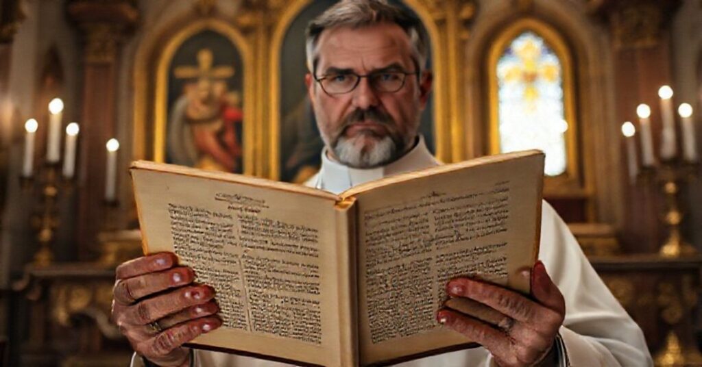 Tradycyjny ksiądz katolicki trzymający starą księgę o celach małżeństwa w tradycyjnym kościele