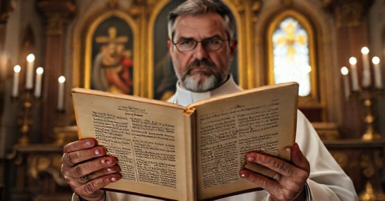 Tradycyjny ksiądz katolicki trzymający starą księgę o celach małżeństwa w tradycyjnym kościele