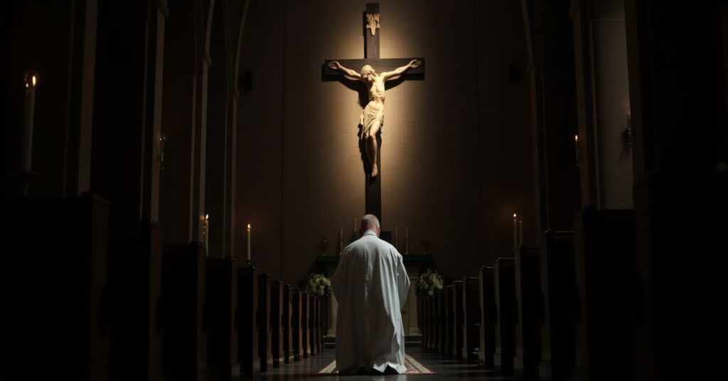 Księdz w tradycyjnych szatach liturgicznych modli się przed krzyżem w ciemnej kaplicy, symbolizując ofiarny aspekt kapłaństwa