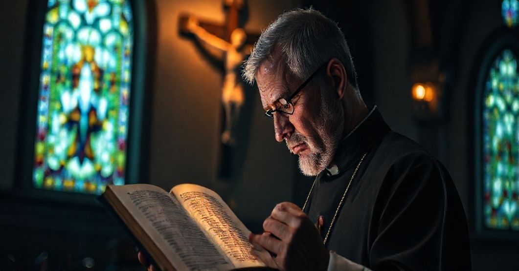 Tradycyjny kapłan w kaplicy modli się przed krzyżem z otwartym Psalmem 34 na stole