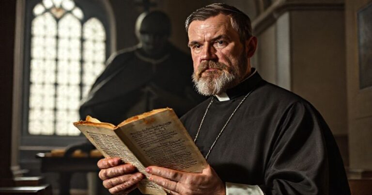 Portret tradycyjnego księdza w kościele trzymającego egzemplarz anty-papieskiej ekshortacji 'Dilexi te' z wyrazem głębokiego smutku