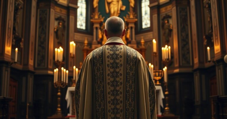 Tradycyjny katolicki ksiądz w szatach liturgicznych przed ołtarzem we wnętrzu klasycznego kościoła, symbolizujący wierność doktrynie katolickiej bez nowoczesnych zniekształceń